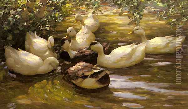 Enten in Wasser Unter Birken Oil Painting - Alexander Max Koester