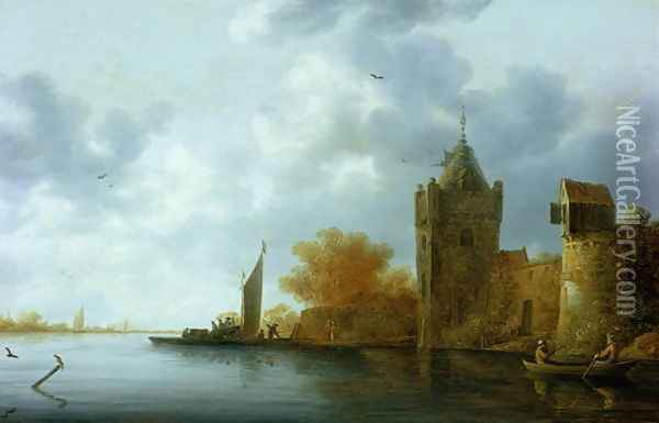 River estuary with a tower and fortified walls, ferry embarking Oil Painting - Jan Coelenbier