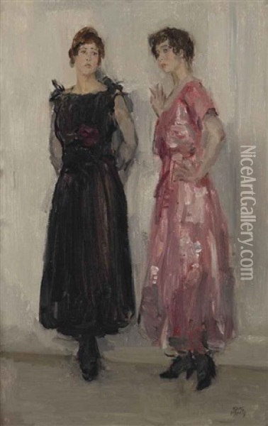 Ippy And Gertie Posing At Fashion House Hirsch, Amsterdam Oil Painting - Isaac Israels