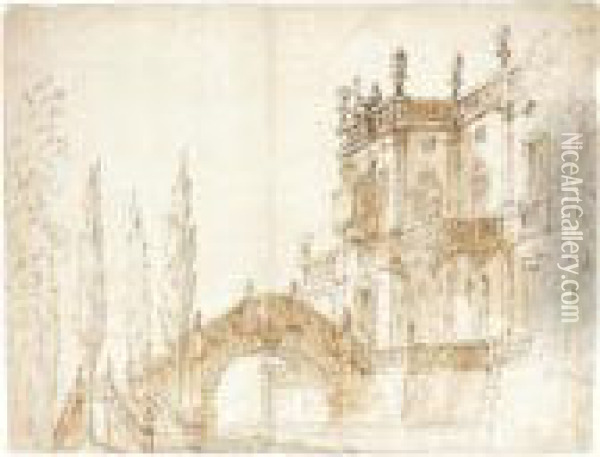 View Of A Fantastical Villa With A Moat And Hump-back Bridge Oil Painting - Ferdinando Galli Bibiena