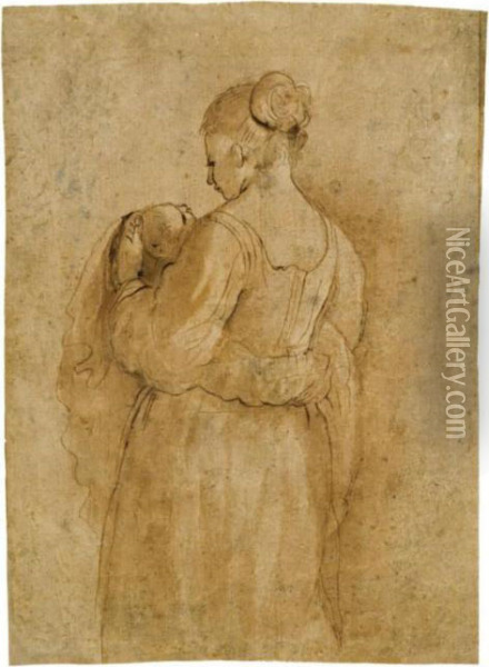 Ritratto Di Donna Con Bambino Vista Da Tergo Oil Painting - Guercino