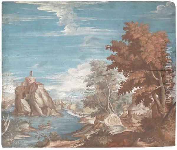 An extensive river landscape, a church to the left Oil Painting - Flemish School
