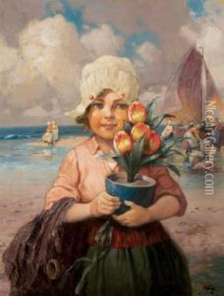 Hoger Austrian, - Dutch Flowergirl Oil Painting - Rudolf Alfred Hoger