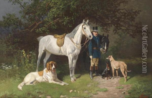 Rider With Two Horses And Dogs Oil Painting - Hans Johann Haag