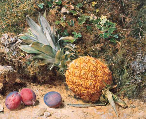 Still life with a pineapple and three plums Oil Painting - William Henry Hunt