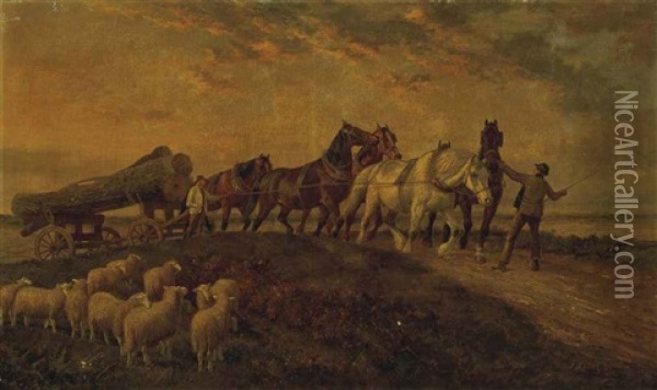 Horses Pulling Logs, Sheep Resting In The Foreground Oil Painting - Samuel Joseph Clark