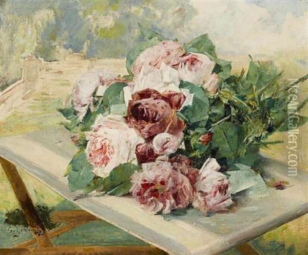 A Still Life With Roses Oil Painting - Georges Jeannin