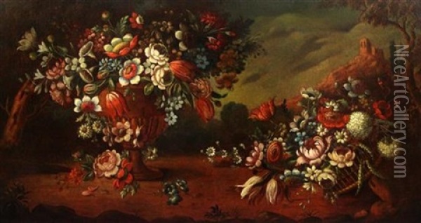 An Urn Of Flowers Alongside A Basket Of Flowers, A Landscape Beyond Oil Painting - Cornelis De Heem