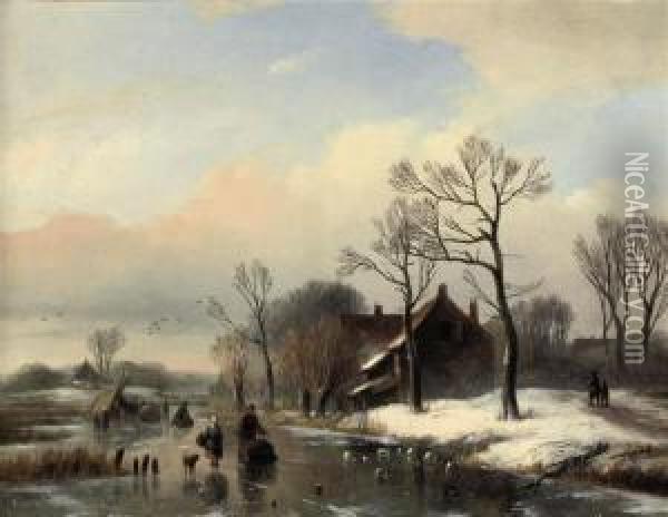 Figures On A Frozen Stream Near A Farm House Oil Painting - Willem Vester