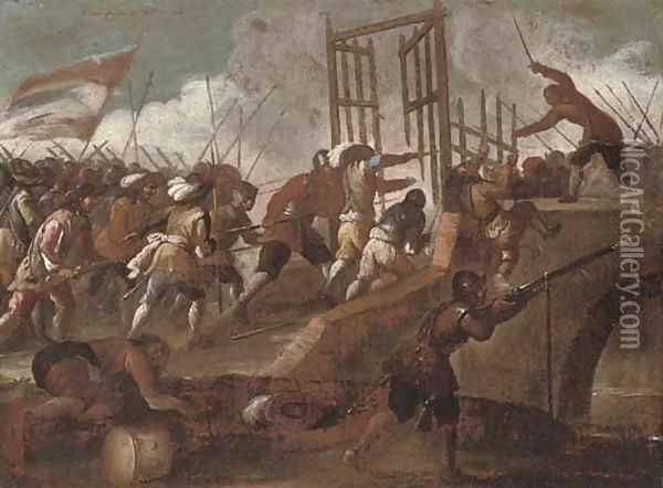 A battle on a bridge Oil Painting - Jacques Courtois