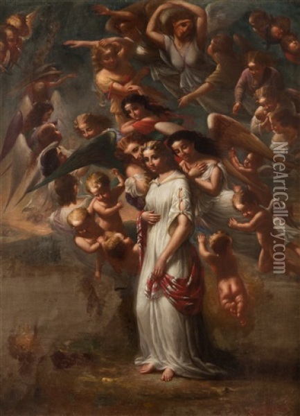Virgin Mary With Guardian Angels And Saint Innocents Oil Painting - Cephas Giovanni Thompson