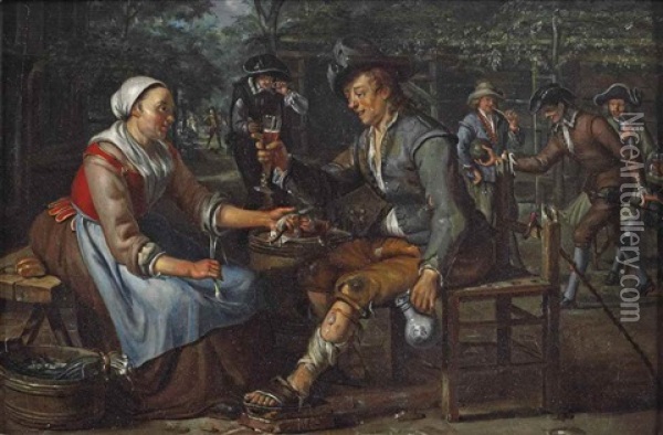 A Woman Offering An Onion And Herring To A Young Man Holding A Glass Of Beer, Others Smoking And Playing Skittles Behind Them Oil Painting - Matthys Naiveu