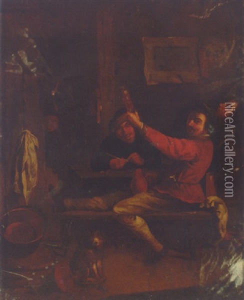 Boors In A Tavern Interior Oil Painting - Adriaen Brouwer