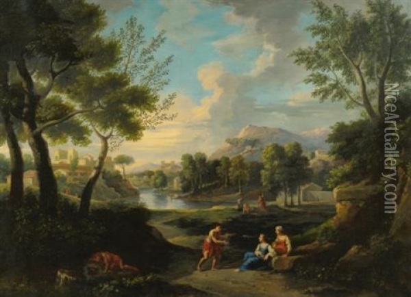 Figures Resting In A Landscape Oil Painting - Claude Lorrain