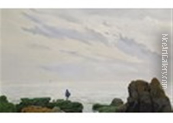 Coastal Seascape In Chile With A Figure On The Shore Oil Painting - Alberto Valenzuela Llanos