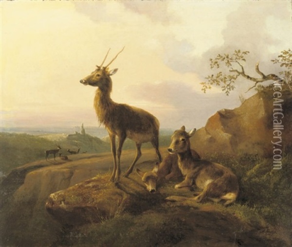 A Deer Overlooking A Valley At Dusk Oil Painting - August Knip