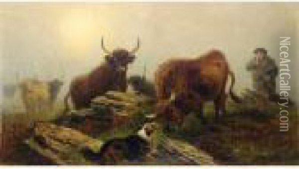Cattle, Highlander And Dogs In A Landscape Oil Painting - Aster R.C. Corbould