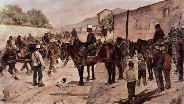 Artillery Corps riding on a village road Oil Painting - Giovanni Fattori