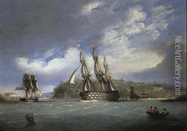 H.m.s. 'britannia' Going Out Of The Hamoaze Harbor... Oil Painting - Nicholas Matthew Condy