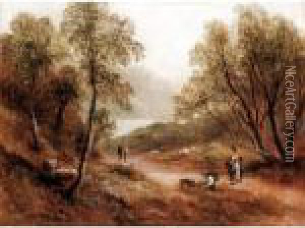Figures And Sheep In A Wooded Landscape Oil Painting - Thomas Whittle