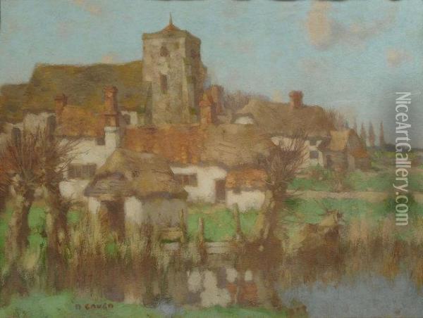 Church And Farm Cottages Beside A River Oil Painting - David Gauld