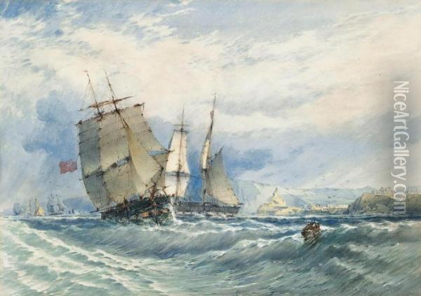 Merchant Shipping In A Heavy Swell Off The North East Coast Oil Painting - John Callow