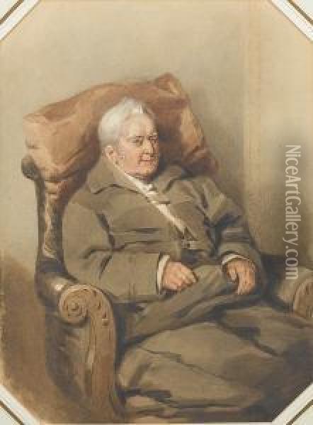 An Elderly Gentleman, Wearing 
Grey Coat Overwhite Shirt, A Blanket Covering His Knees, Seated In A 
Carved Andupholstered Armchair With A Cushion Behind His Head. Oil Painting - Francois Theodore Rochard