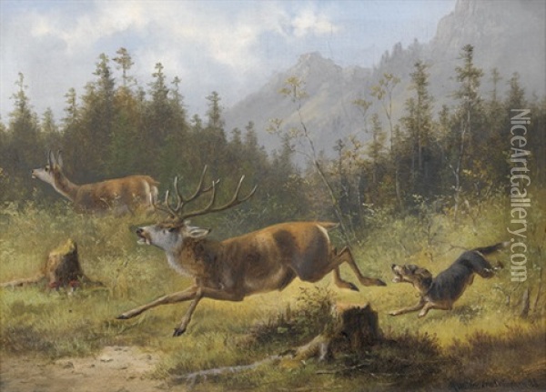 Hirsch Vom Hund Gejagt Oil Painting - Moritz Mueller the Younger