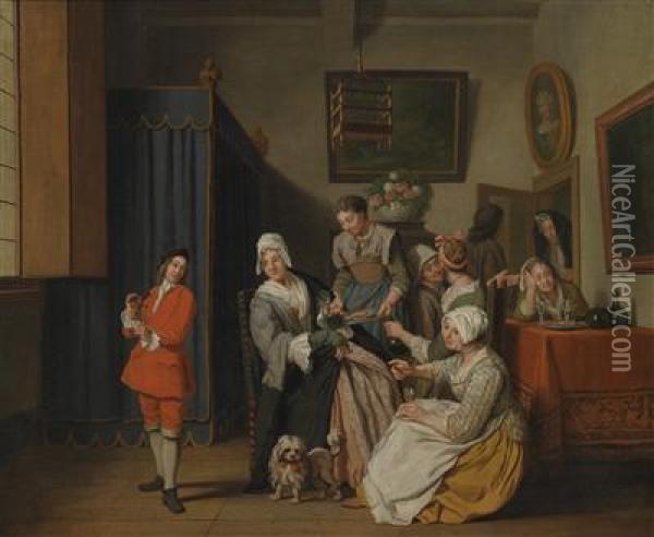 Patrician Interior With Numerous Women Anda Young Man With A Bird Oil Painting - Jan Jozef, the Younger Horemans