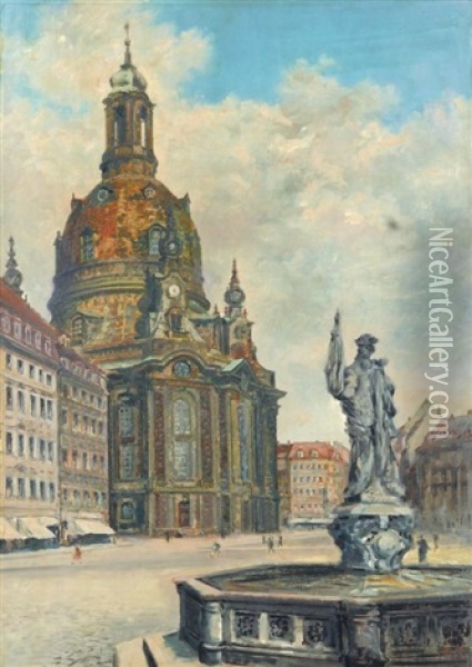 Dresden - Neumarkt Mit Frauenkirche Und Brunnen Auf Dem Judenhof Oil Painting - Werner Hickmann