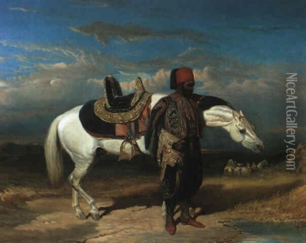 Cavalier Arabe Abreuvant Son Cheval Oil Painting - Alfred De Dreux