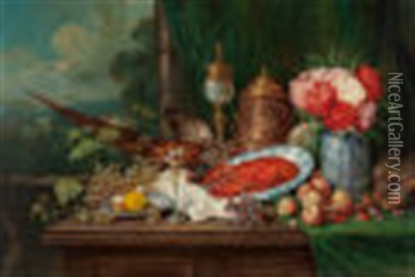 Abundant Still Life With Pheasant, Lobster, Fruit, And Flowers Oil Painting - Georg Sommer