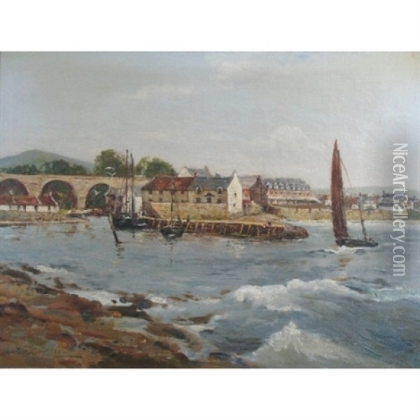 Harbour Scene With Sailing Boats And Town Buildings Oil Painting - Tom Campbell