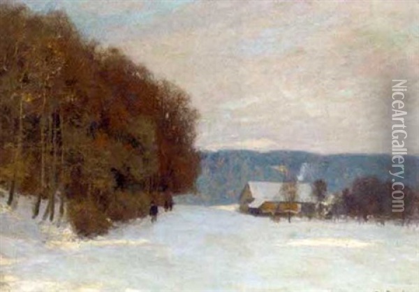 A Snowy Landscape In The Afternoon Oil Painting - Peter Paul Mueller