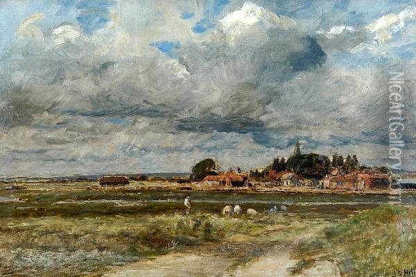 An Estuary Scene At Low Tide, With Village Beyond Oil Painting - James Stevens Hill