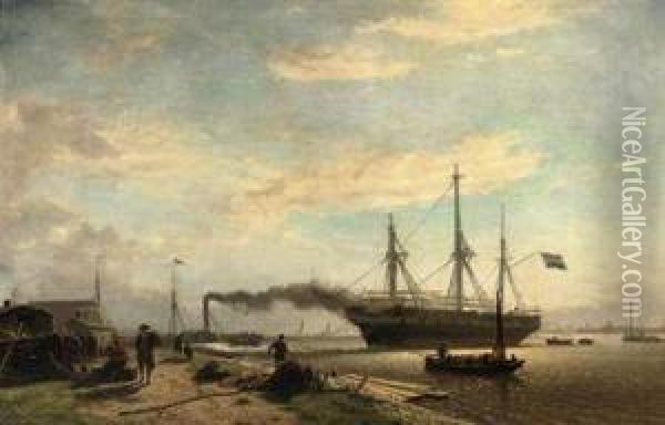 A Dockyard On The Northern Shore Of Amsterdam Harbour Oil Painting - W.A. van Deventer