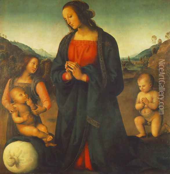 Madonna, an Angel and Little St John Adoring the Child (or Madonna del sacco) Oil Painting - Pietro Vannucci Perugino