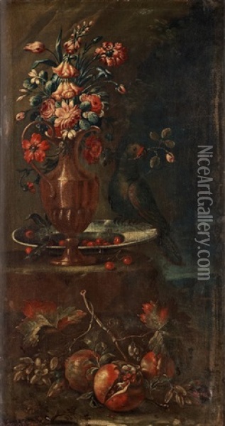 Stilleben Med Blommor Och Papegoja Oil Painting - Andrea Belvedere