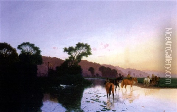 Evening At The Ford (collab. W/william Shayer) Oil Painting - Edwin Henry Boddington