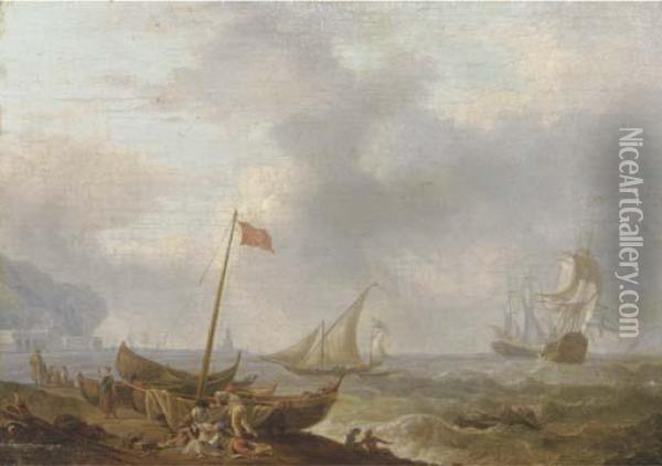 A Mediterranean Coastal Scene With Sailing Boats And Fishermen Onthe Beach, Two Three-masters In Rough Waters And A Harbourbeyond Oil Painting - Olivier Lemay