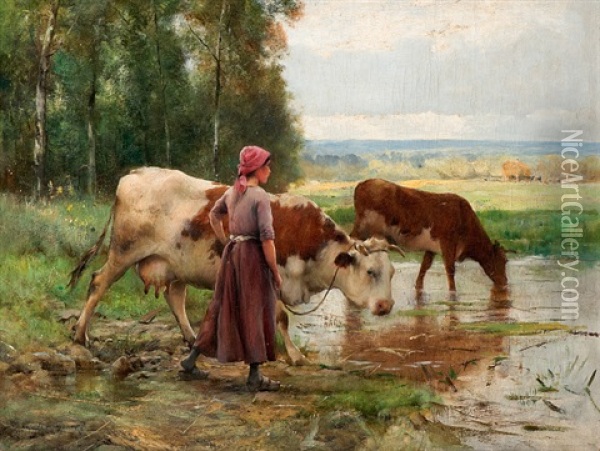 Hirtin Mit Zwei Kuhen An Einer Wasserstelle Oil Painting - Julien Dupre