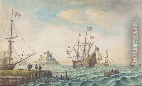 An English galleon anchored off a fortified port Oil Painting - Wenceslaus Hollar