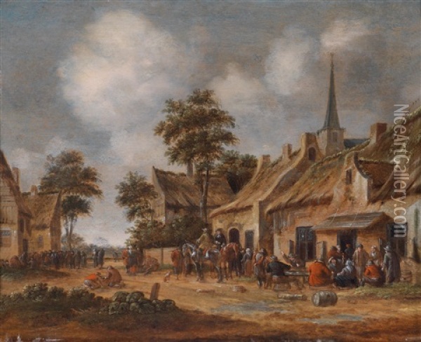 Dorfstrase Mit Feiernden Bauern Oil Painting - Thomas Heeremans