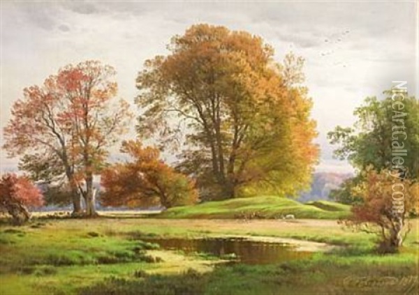 Fall In The Dyrehaven With The White Deer Oil Painting - Carl Frederik Peder Aagaard