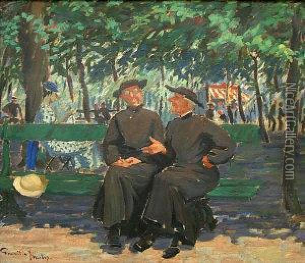 Two Priests On A Park Bench Oil Painting - Greville Irwin