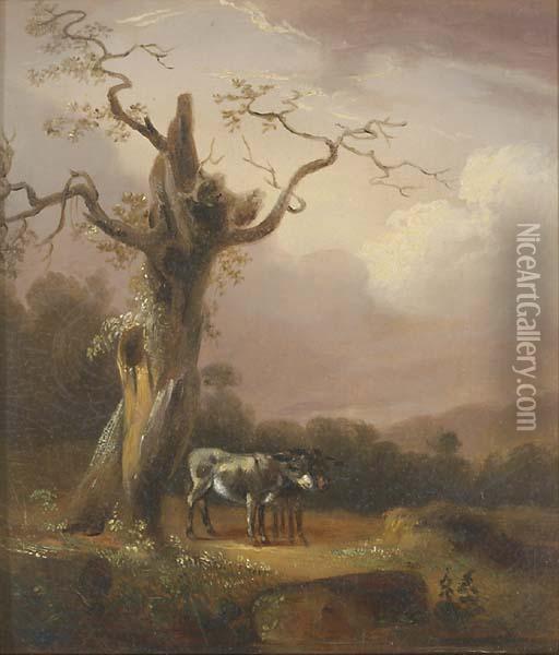 Two Donkeys By A Tree Oil Painting - Thomas Smythe