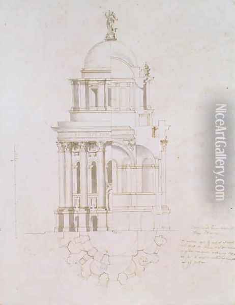 Elevation cross section and plan of an unrealised baptistery for St Pauls Cathedral Oil Painting - Nicholas Hawksmoor