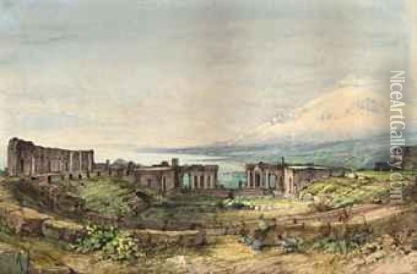 The Amphitheatre At Taormina, Etna Beyond Oil Painting - Gabriele Carelli