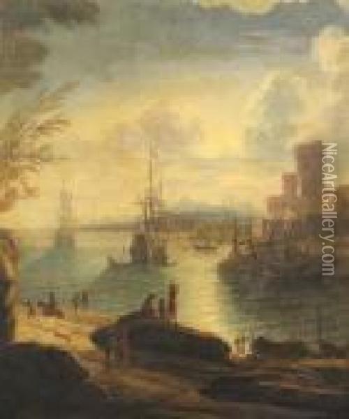 Moonlit Harbour Scene Oil Painting - Johannes Lingelbach