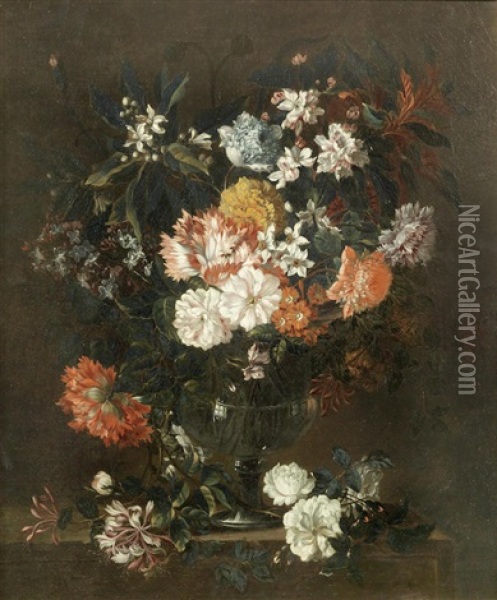 Poppies, Honeysuckle, Chrysanthemums And Other Flowers In A Glass Vase On A Stone Ledge Oil Painting - Jean-Baptiste Monnoyer